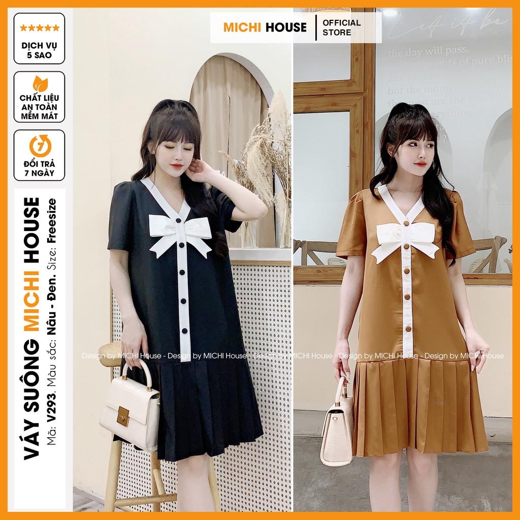 Váy Suông Rộng Thiết Kế Màu Đen, Nâu Cam V293 MICHI House Đầm Xuông Ngắn Tay Cổ V Nơ Bèo Dễ Mặc Bầu Xinh Thoải Mái