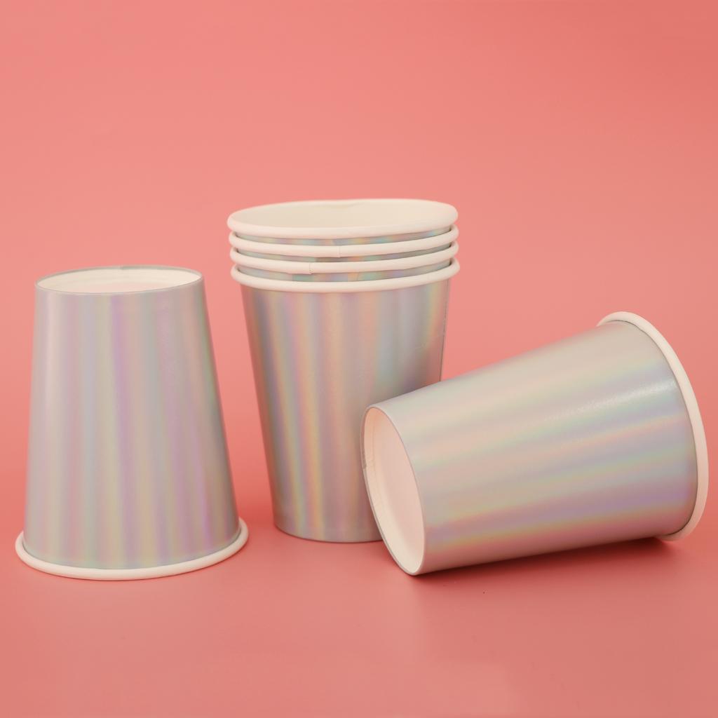 6 Iridescent Rainbow Silver Shiny Paper Cups Kids Birthday Tableware