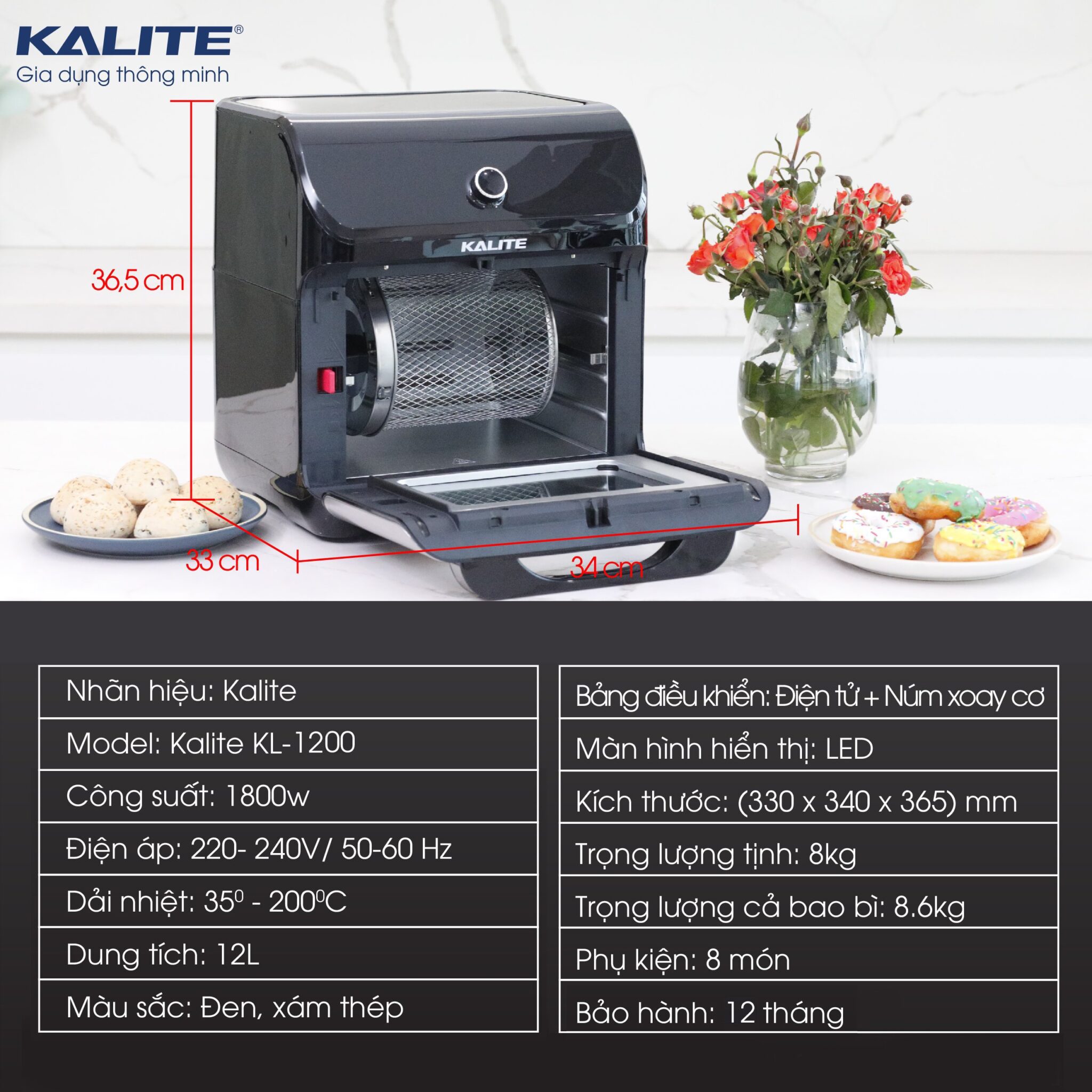 Nồi Chiên Không Dầu KALITE KL-1200 1800W - Hàng Chính Hãng