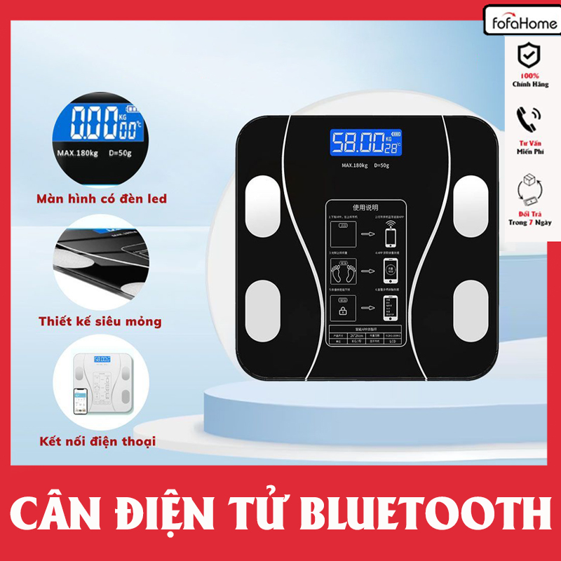 Cân Điện Tử Sức Khoẻ Bluetooth Phân Tích Chỉ Số Cơ Thể Kết Nối Điện Thoại Qua Bluetooth Màn Hình LCD HD, Độ Chính Xác Cao Màu Đen