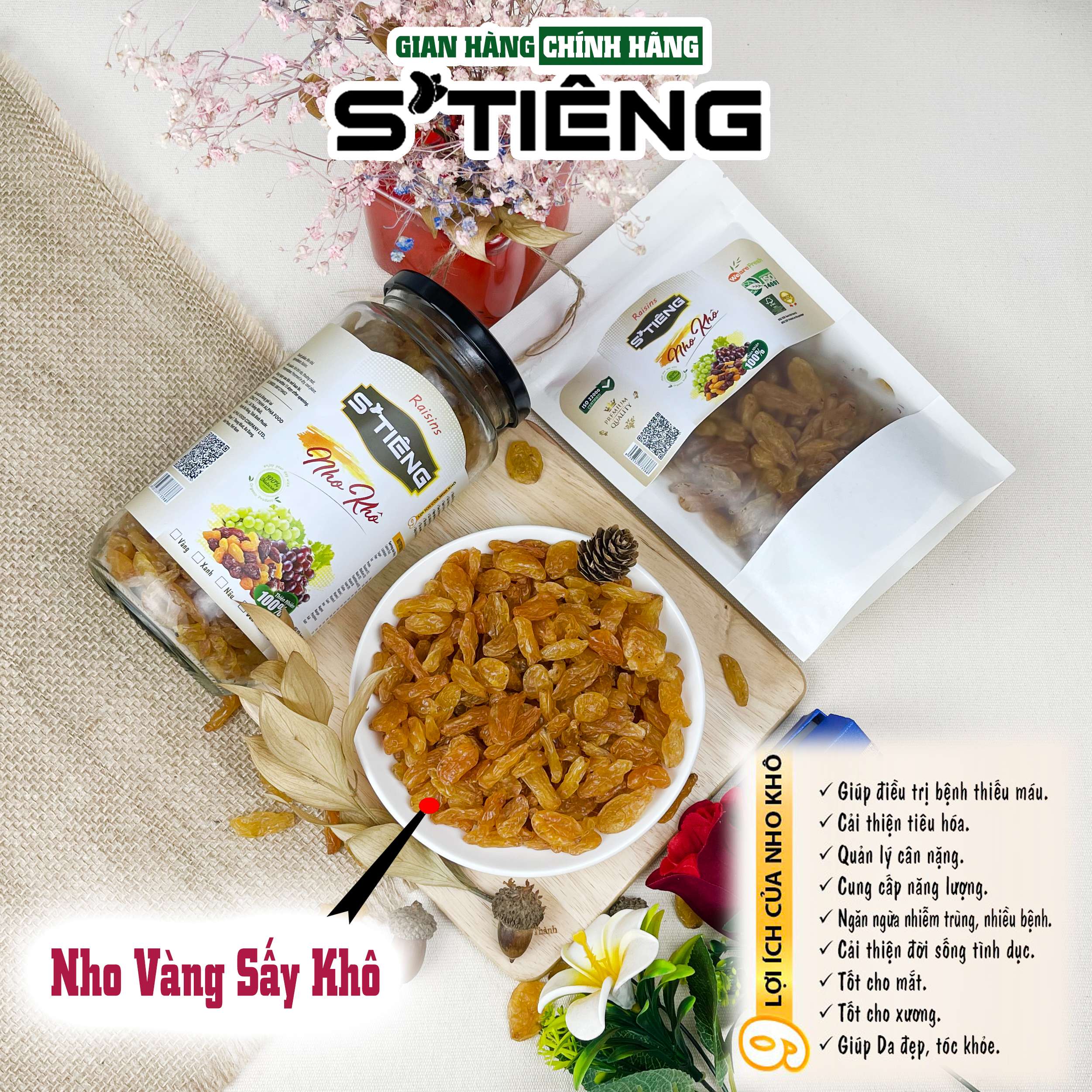 Nho Vàng Sấy Khô Không Đường STIENG ( Mùi Men Nho Nồng)