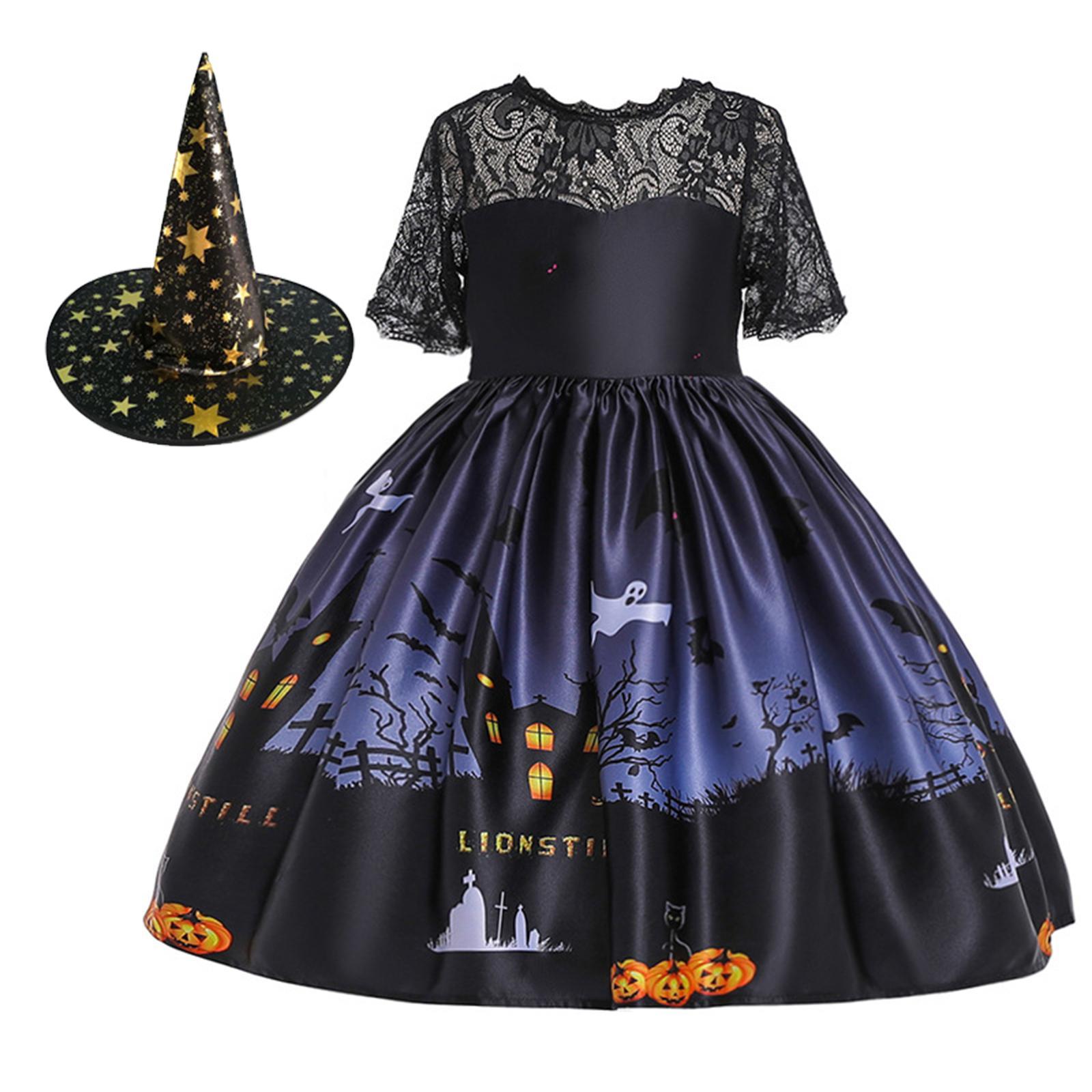 Girl Witch Halloween Costume Dress Cosplay Fancy Dress Pumpkin Printed with Witch Hats Toddler Dresses for Carnival Dress up Birthday Party