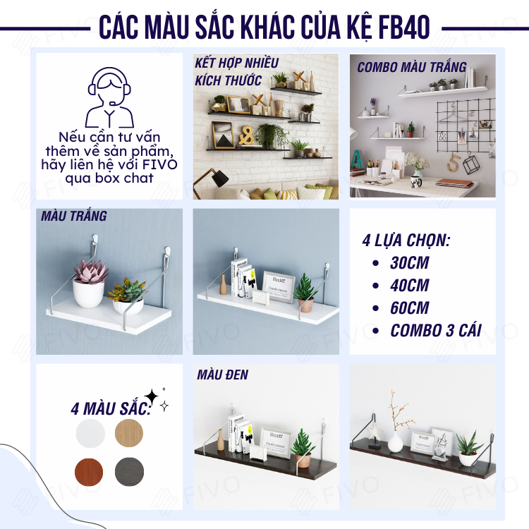 Kệ Gỗ Treo Tường Trang Trí Decord Thương Hiệu FIVO FB40 Không Cần Khoan Với Móc Treo Inox Dễ Dàng Gắn Lên Tường (Màu Trắng, Đen) - Hàng Chính Hãng