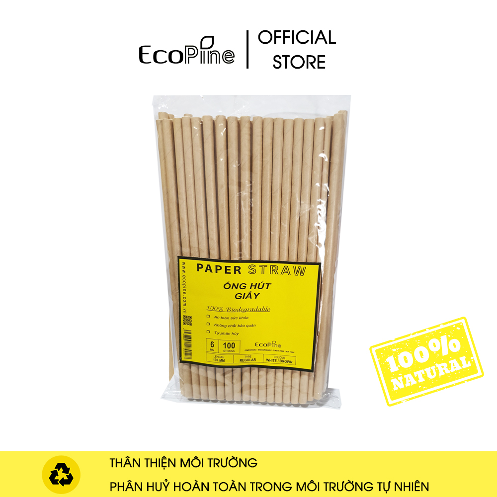 Bịch 100 ống hút giấy phi 6mm màu nâu kraft ECOPINE