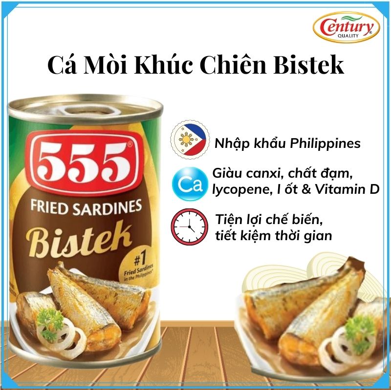 [Cao cấp] Cá mòi chiên 555 - Combo 3 hộp x 155g (Bistek, Sốt chua ngọt, sốt cay) - Nhập khẩu Philippines