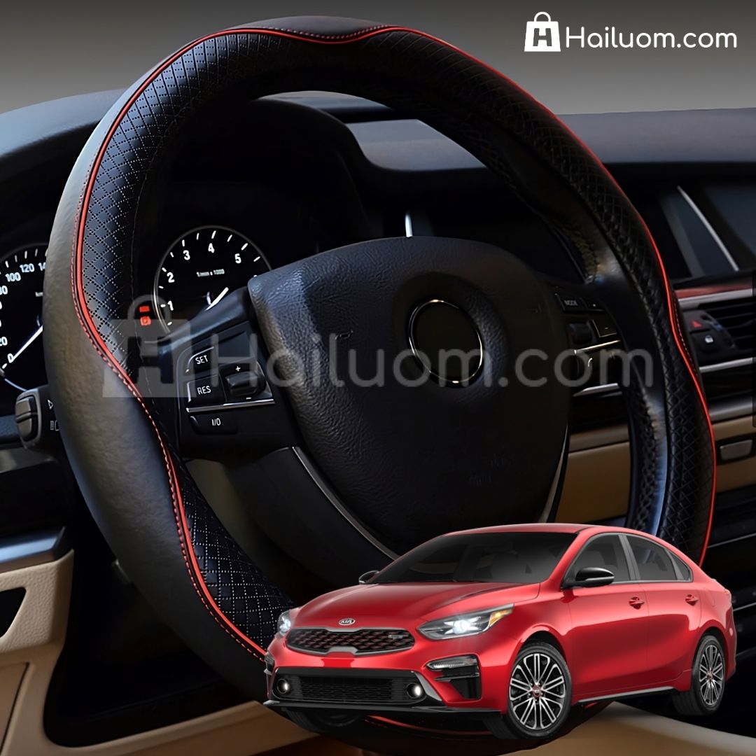 Bọc Vô Lăng ô tô cho KIA CERATO Da Thật Cao Cấp - Màu Đen Chỉ Đỏ