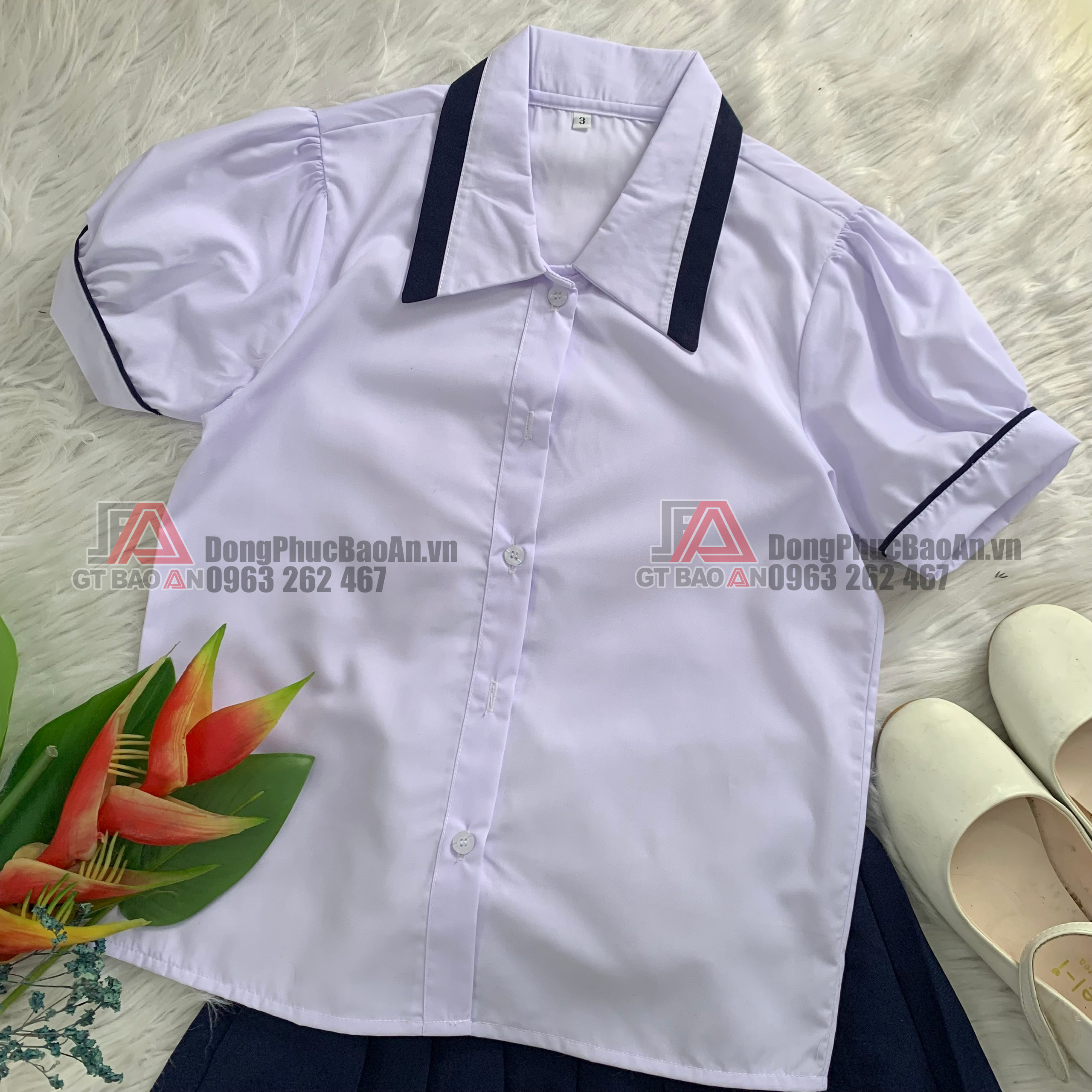 Áo sơ mi trắng phối xanh đi học cho bé gái, đồng phục học sinh nữ tiểu học - Chất vải Kate ĐẸP, bền màu