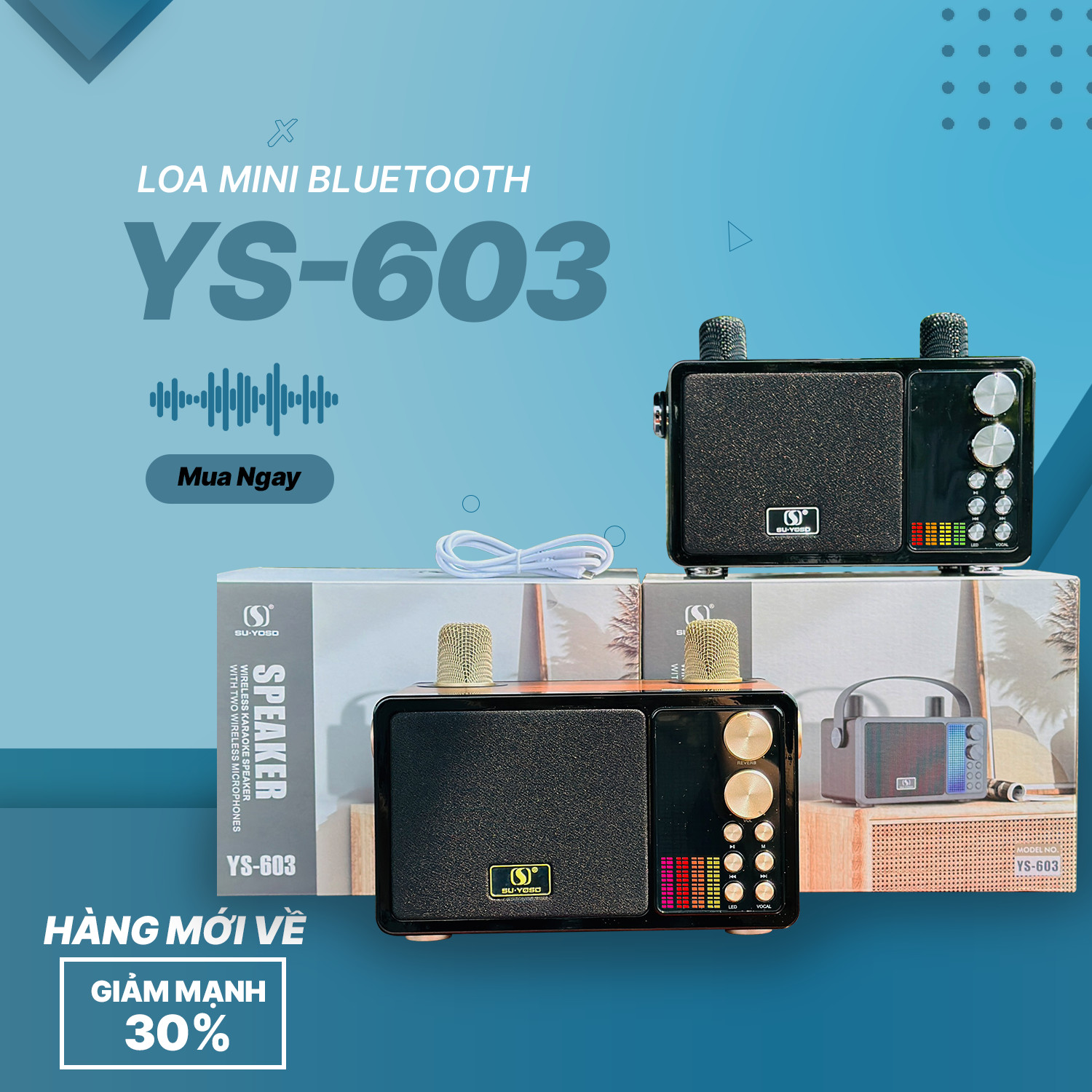 Loa Bluetooth Mini YS-603, Công Suất 40W, Nhỏ Gọn, Âm Thanh Cực Hay, Bass Căng, Đi Kèm 2 Micro Karaoke Thay Đổi Giọng Nói, Bảo Hành 6 Tháng Hàng Chính Hãng