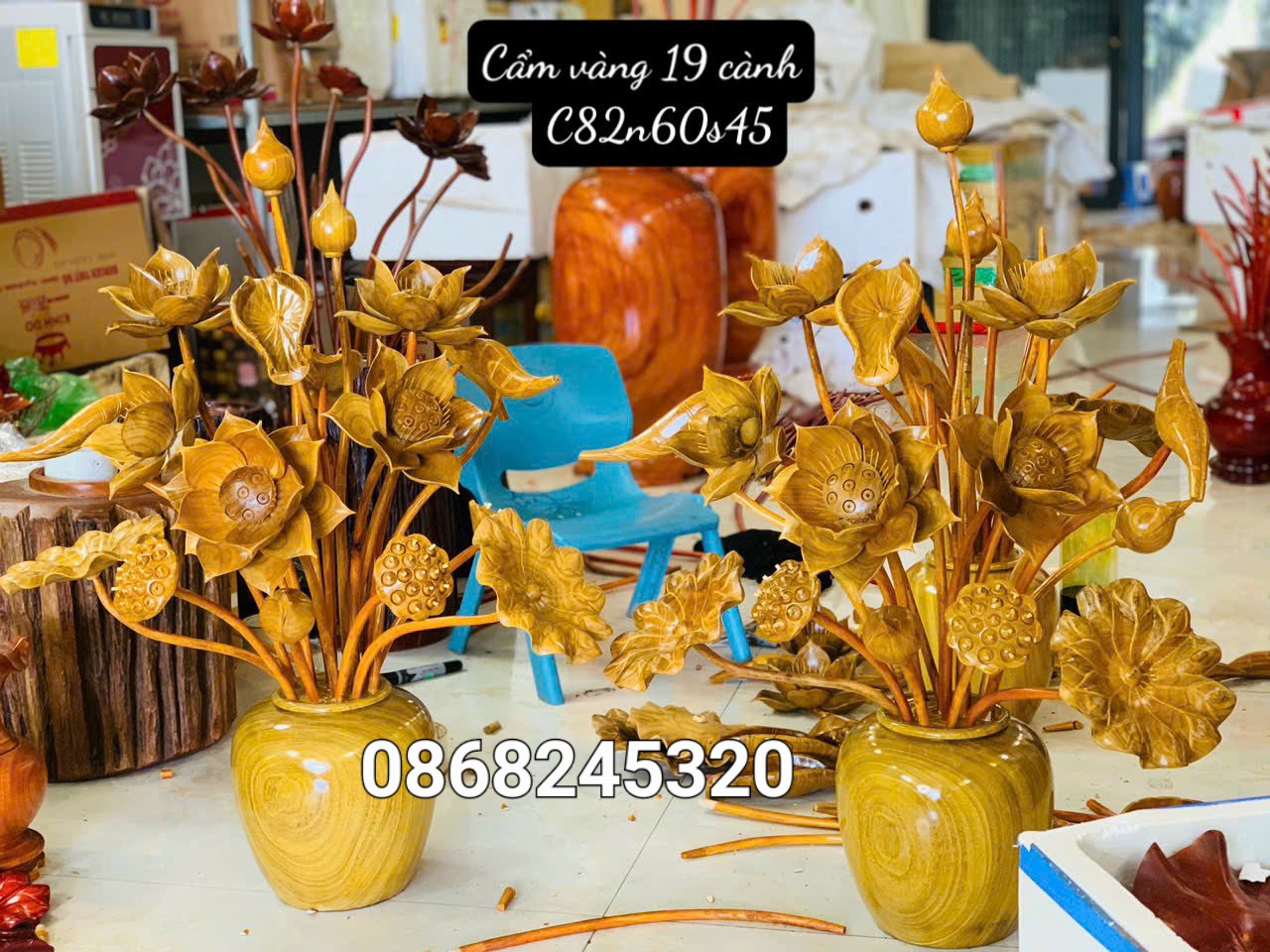 1 BÌNH HOA SEN 19 BÔNG PHONG THỦY BẰNG GỖ CẨM VÀNG