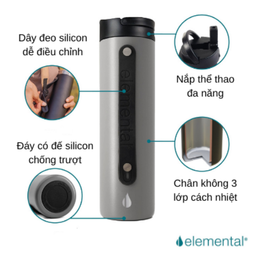 Bình giữ nhiệt Elemental Iconic sport màu xám 590ml, giữ nhiệt vượt trội, inox 304, FDA Hoa Kì, An toàn sức khỏe, có ống hút