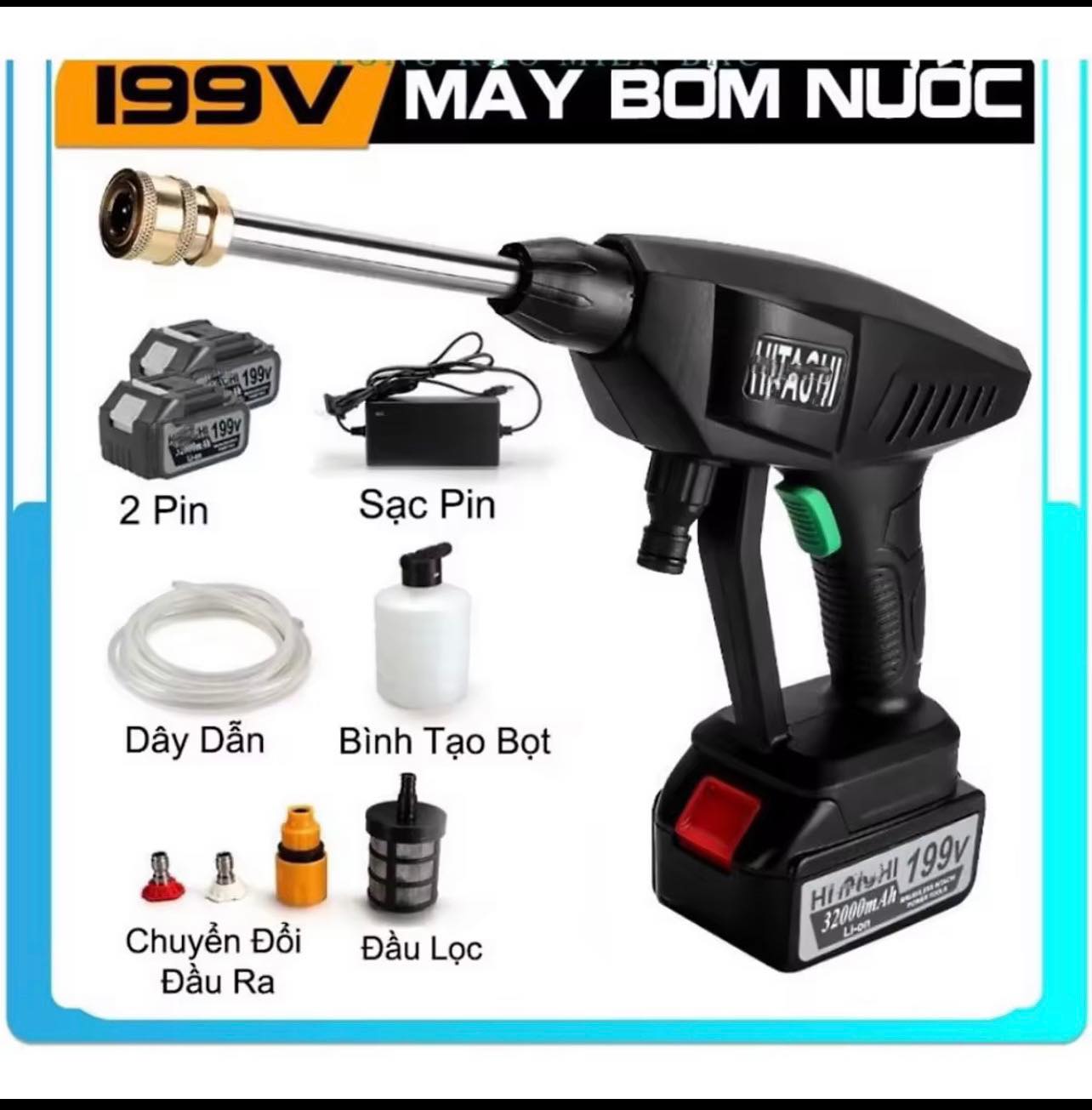 Máy rửa xe mini cầm tay dùng pin đa năng rửa xe, vệ sinh, tưới cây - Vòi phun áp lực mạnh công suất 1800WW