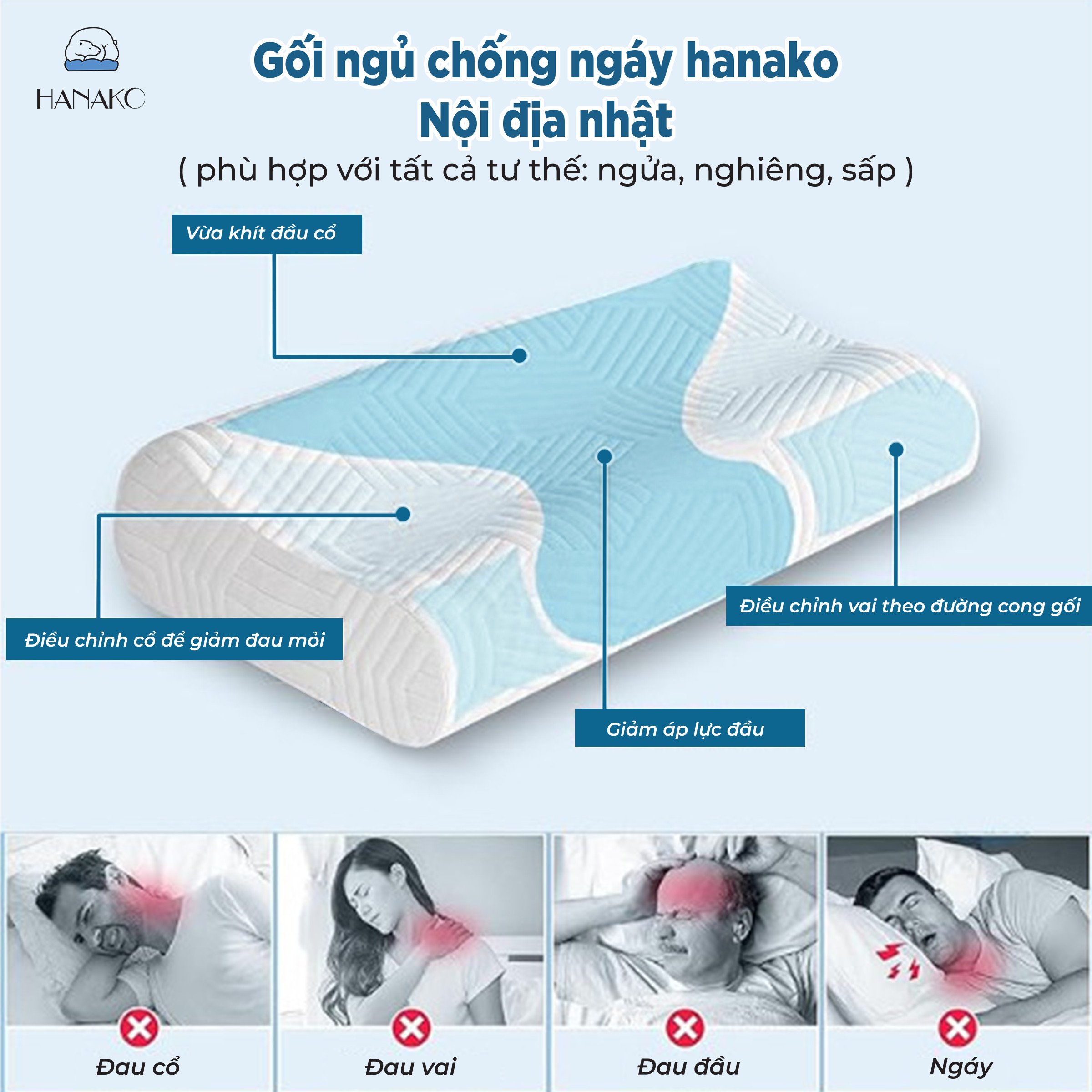 VỎ gối ngủ chống đau vai gáy công thái học HANAKO nội địa nhật