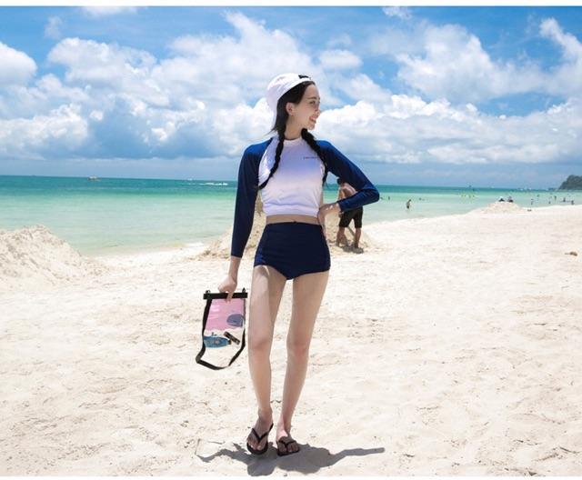 Đồ bơi nữ Bikini 2 mảnh dài tay croptop quần đùi cạp cao che nắng đi biển đồ bơi cạp cao QC017 - M