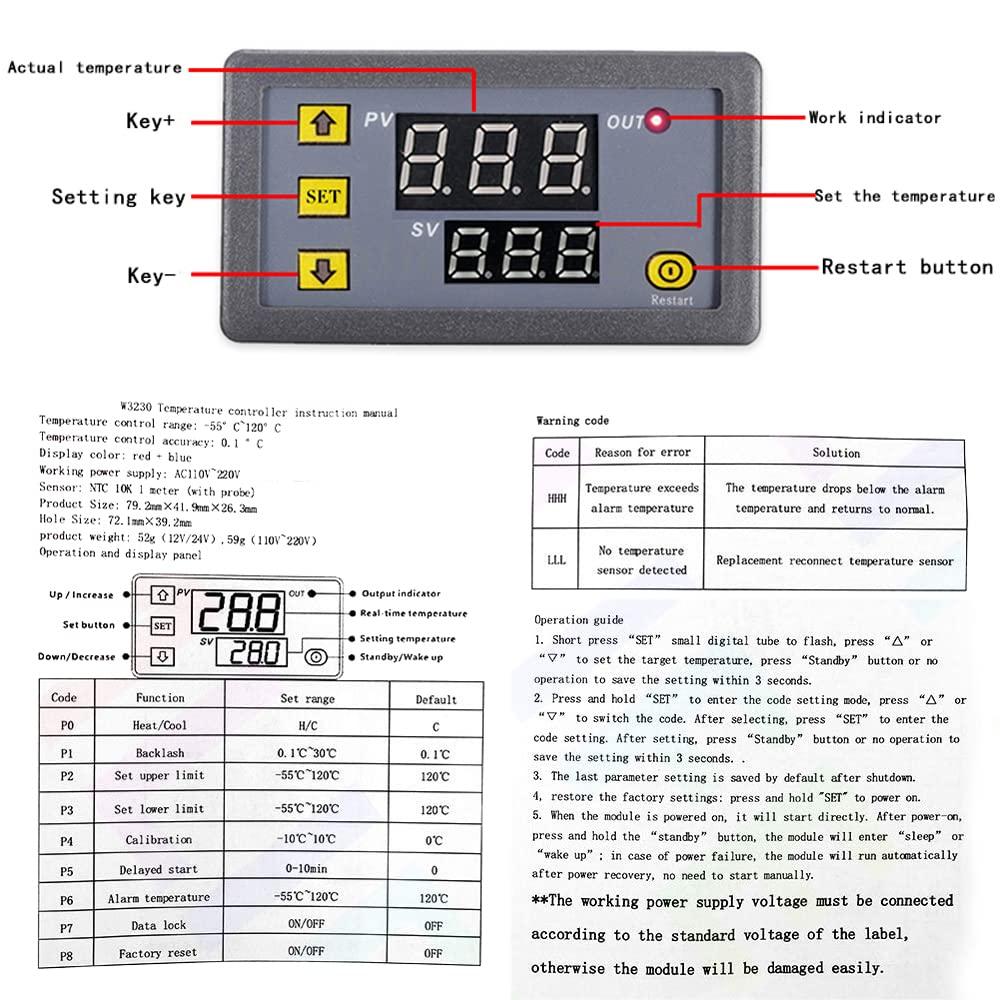 1 Phần W3230 AC 110V-220V Bộ điều chỉnh nhiệt độ kỹ thuật số, Công tắc điều khiển nhiệt với màn hình kỹ thuật số 20A với đầu dò cảm biến NTC 10K