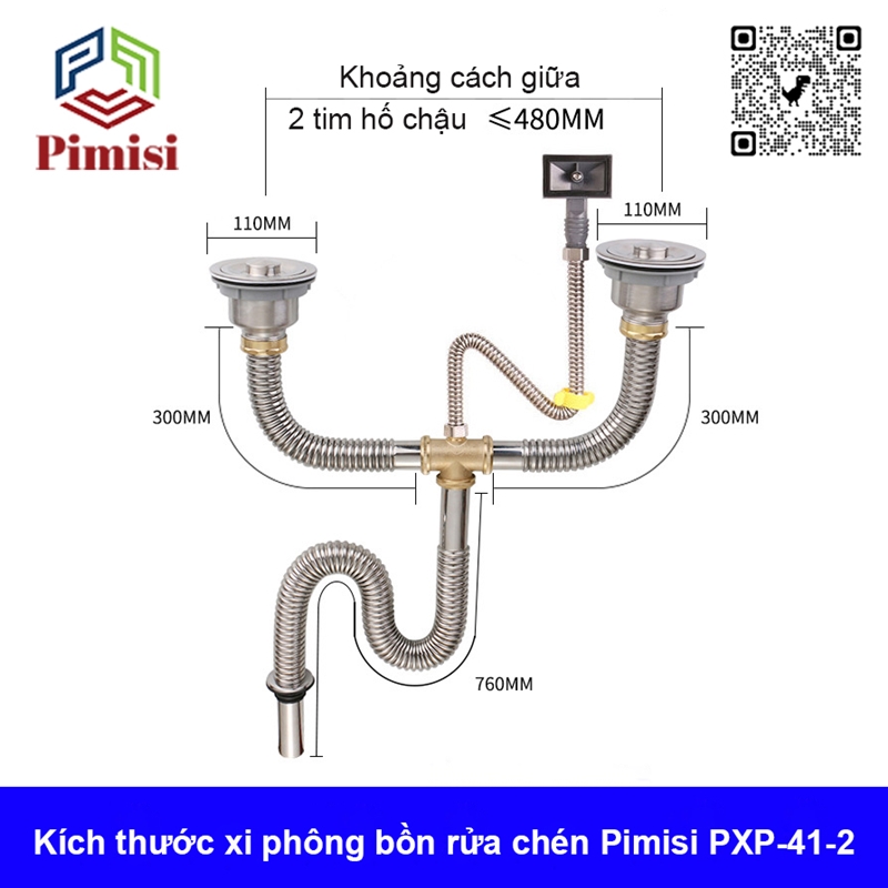 Xi Phông Chậu Rửa Bát 2 Hố Pimisi PXP-31-2 Inox Cao Cấp Kiểu Chun Uốn - Kim Loại Bẻ Cong Được, Thoát Nước Nhanh, Dùng Để Xả Thải Nước Bồn Rửa Chén 2 Hộc Thu 110 Inox 304, Chống Mùi Hôi Và Côn Trùng Gián, Chuột Cắn Phá - Có Đầu Thoát Tràn | Hàng Chính Hãng