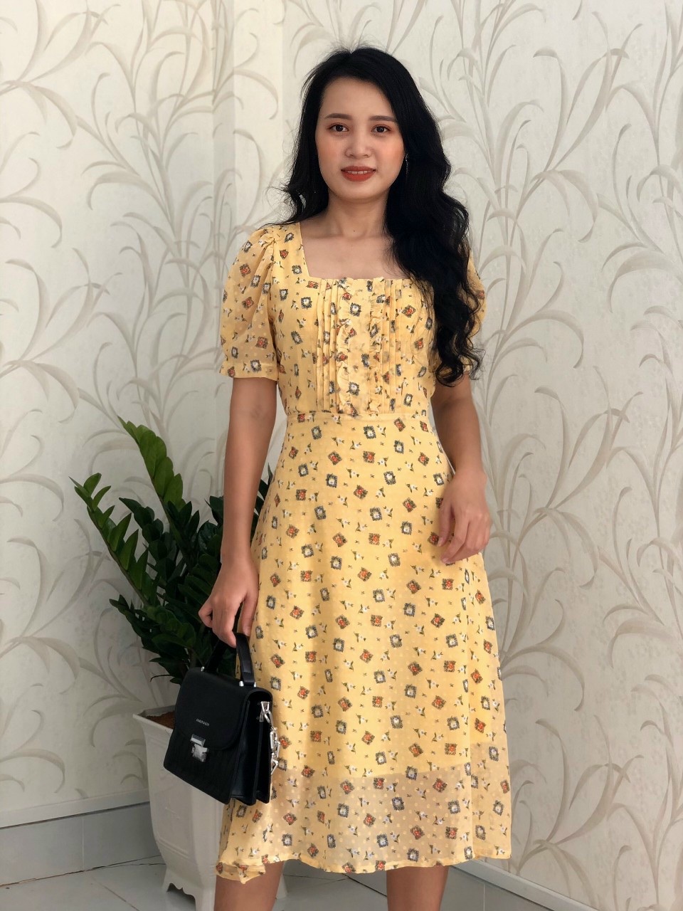 Đầm form dài voan hoa xếp ly ngực tôn dáng sang trọng S&amp;M GR196 - Hình thật shop tự chụp