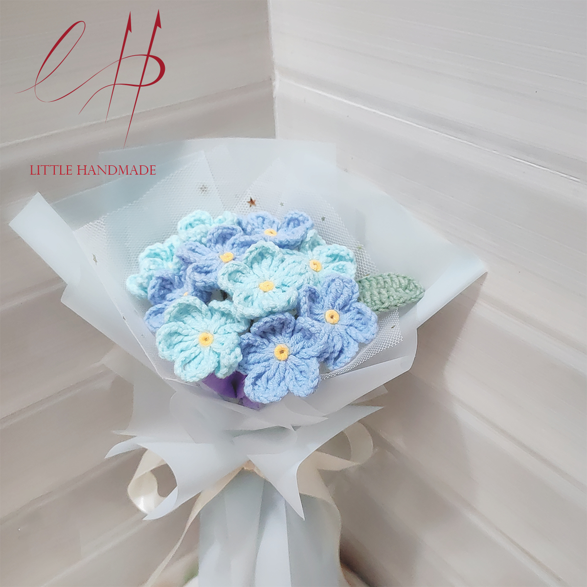 [Ảnh thật - Có sẵn] Bó hoa lưu ly xanh nhạt và xanh đậm 10 bông bằng len handmade