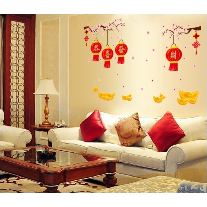 Decal trang trí Tết - Lồng đèn đỏ và nén Vàng chúc Xuân