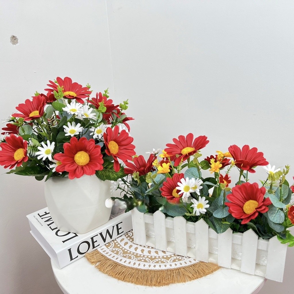 Chậu hoa đồng tiền nhân tạo để bàn làm việc - Cây giả, hoa lụa Decor trang trí nhà cửa - Tím