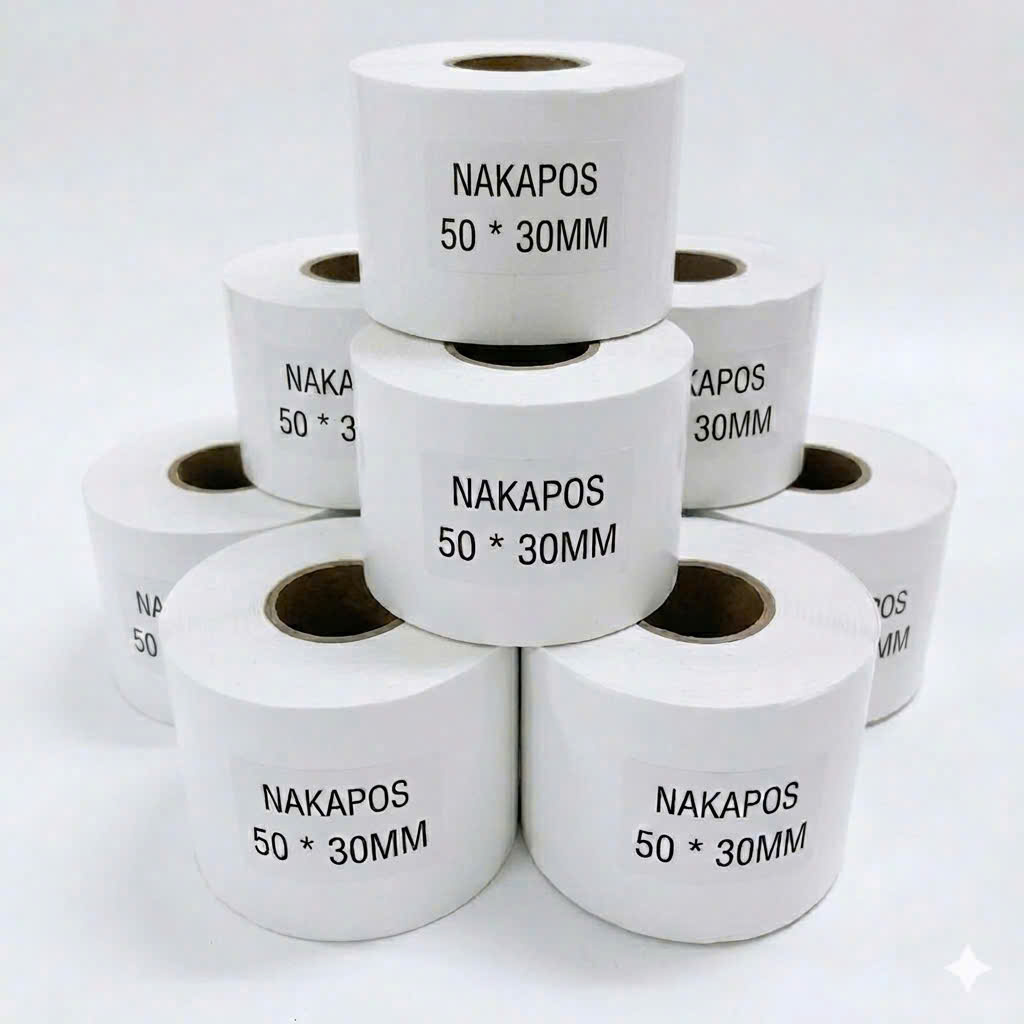 Giấy Decal nhiệt 50x30 mm x 30m, Decal Trà sữa 50x30 mm x 30m, Giấy in mã vạch tem nhãn, tem phụ 50x30 mm x 50m