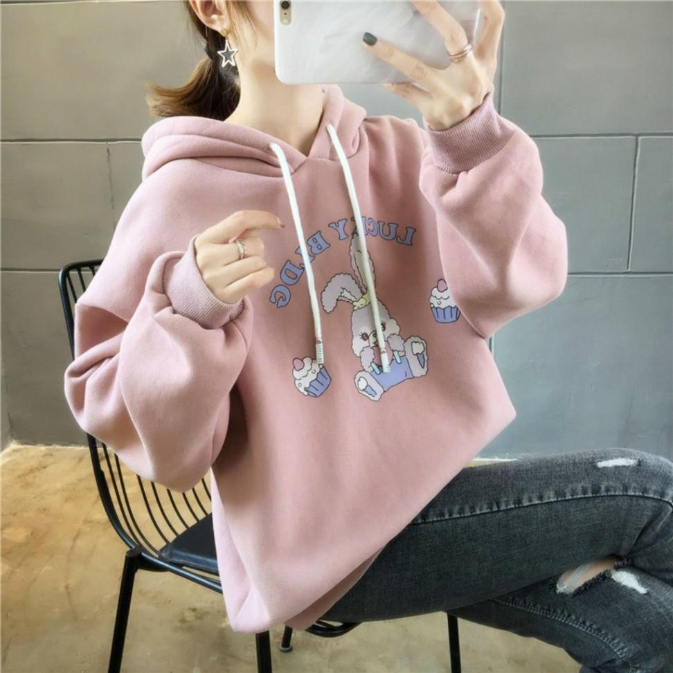 ÁO KHOÁC NỈ HOODIE IN HÌNH, NÓN PHỐI TAI THỎ XINH XẮN