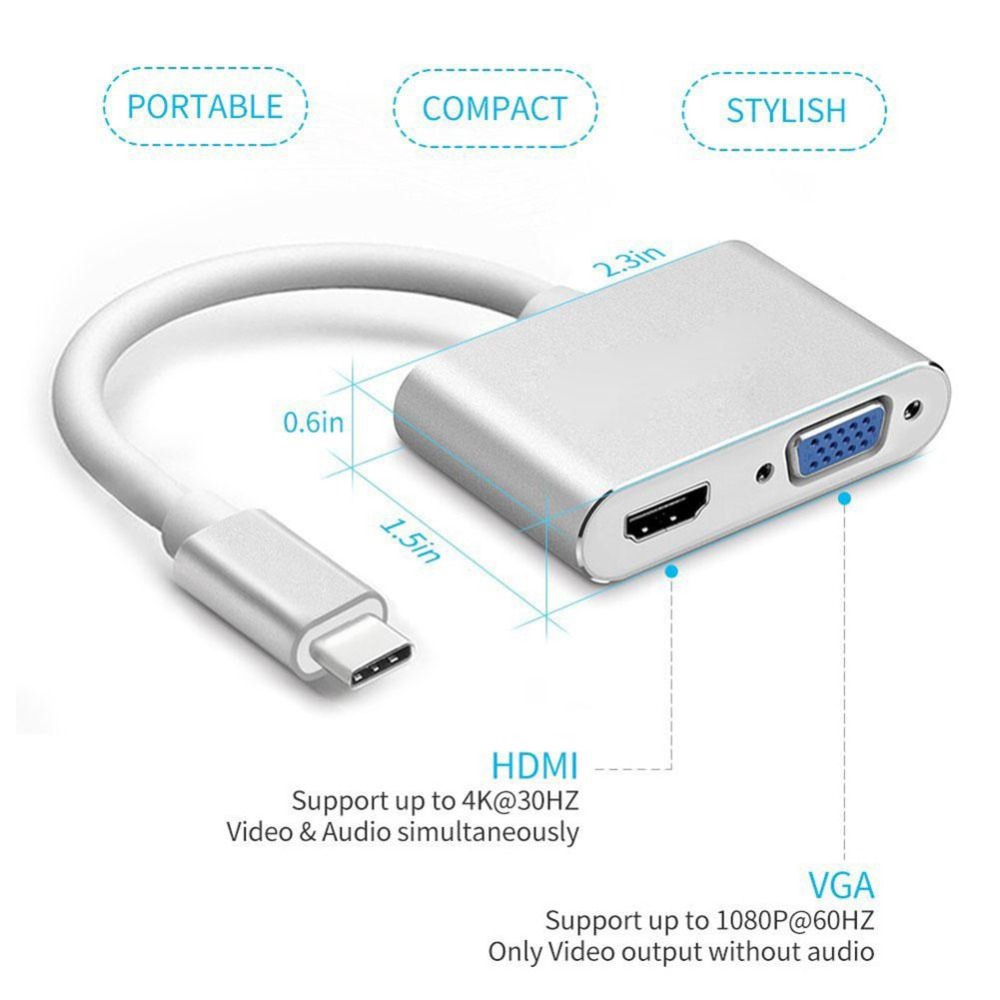 Cáp chuyển đổi hub Type C 4K Vinetteam 4 in 1 Type C ra HDMI VGA USB 3.0 và cổng sạc chuyên dụng cho điện thoại, laptop hỗ trợ chế độ Dex - hàng chính hãng