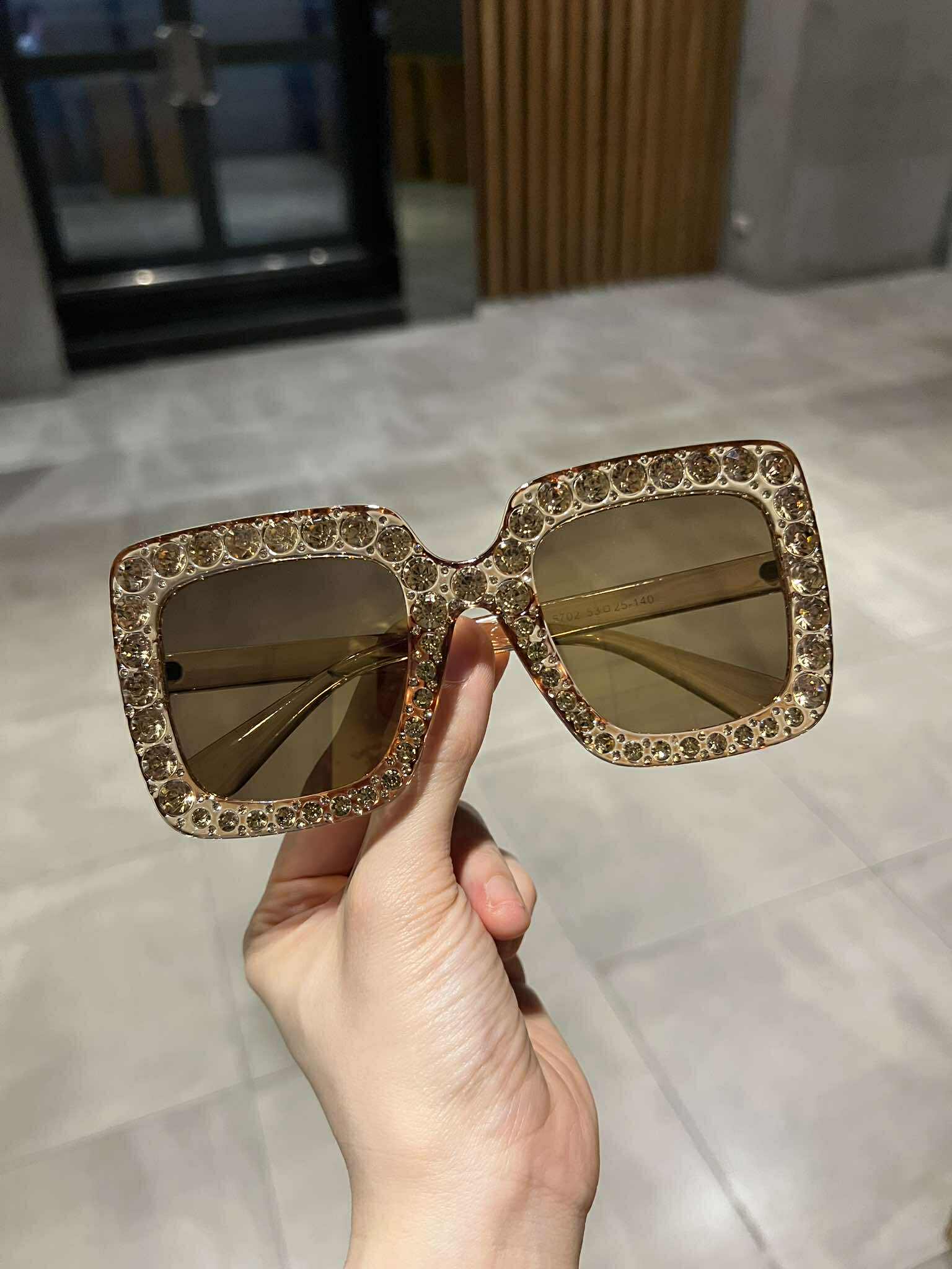 Kính râm nữ Mắt vuông oversize đính đá siêu lấp lánh + Tặng phụ kiện kèm theo