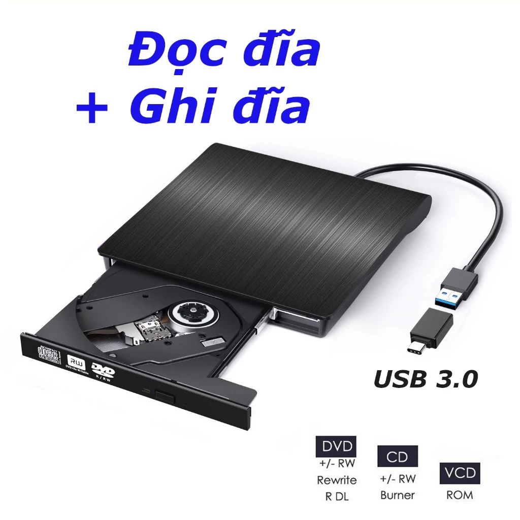 Ổ đĩa dvd gắn ngoài qua cổng USB 3.0 &amp; Type C tiện lợi dùng được cho laptop và máy bàn PC, không kén đĩa