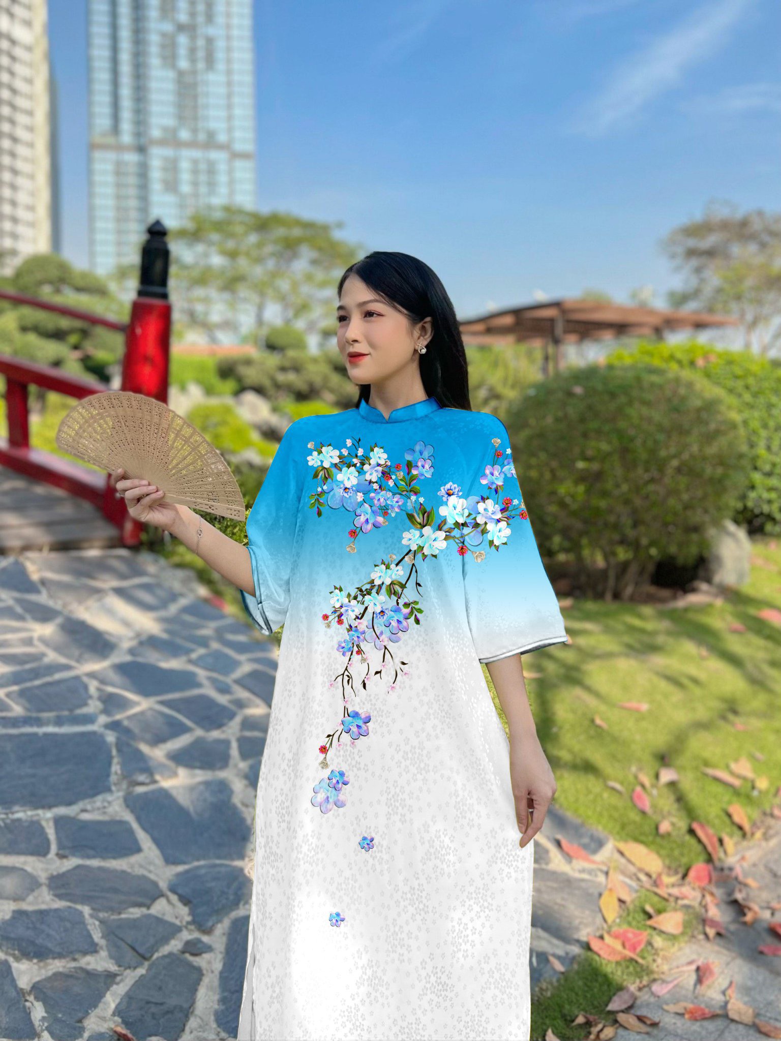 [HCM] Áo dài cổ trụ from rộng gấm in hoa loang màu dành cho nữ AD046