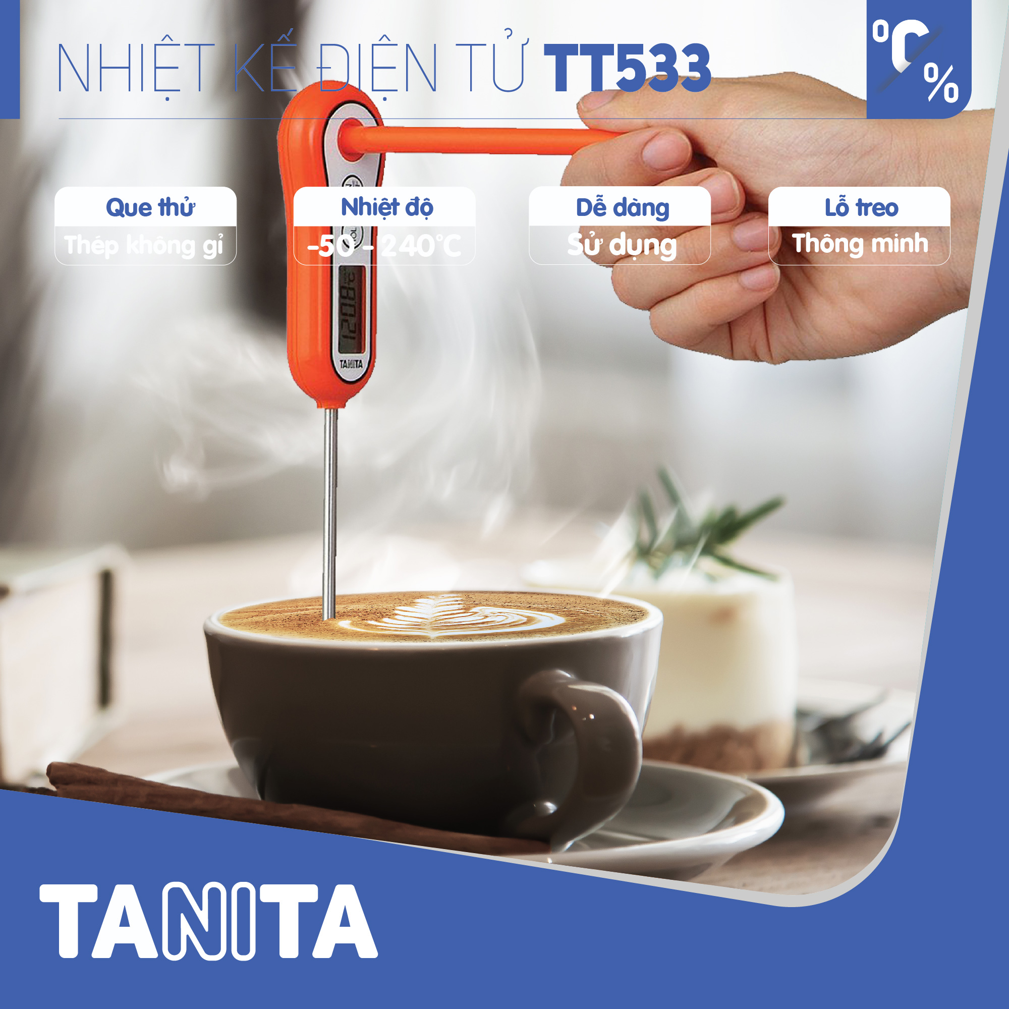 Nhiệt kế đo thực phẩm TANITA TT533,Nhiệt kế đo sữa,Nhiệt kế đo nhiệt độ sữa của bé,Nhiệt kế đo nước,Que đo pha sữa,Que đo cafe