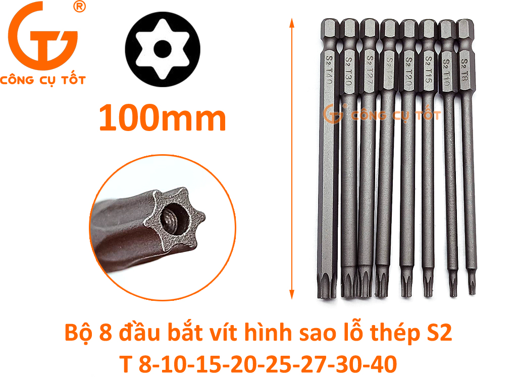 Bộ 8 đầu bắt vít hình sao lỗ 100mm các cỡ T8, T10, T15, T20, T25, T27, T30, T40