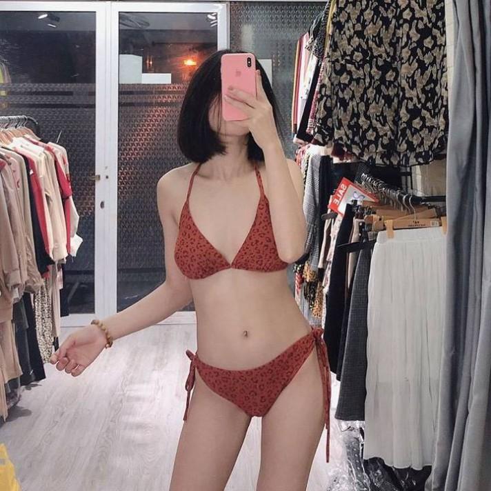 freeship Bikini đồ bơi hai mảnh đẹp giá rẻ da báo cam sexy mặc đi biển đi bơi