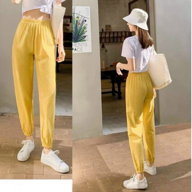 Quần đũi nữ baggy bo gấu cạp chun lưng cao ống bó siêu nhẹ dáng