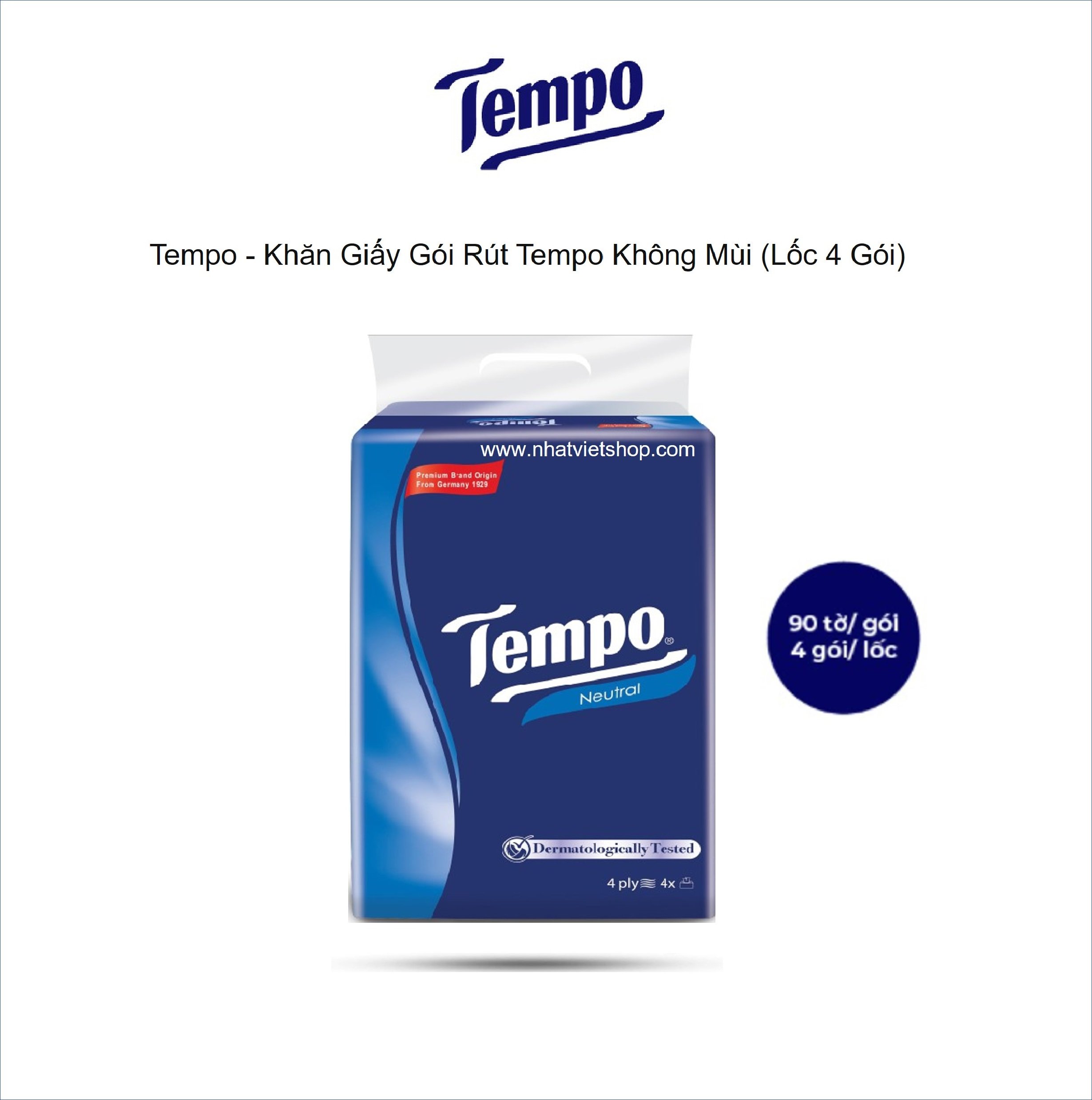 Tempo - Khăn Giấy Gói Rút Không Mùi - Softpack Neutral 4 Lớp Loại Lốc 4 Gói