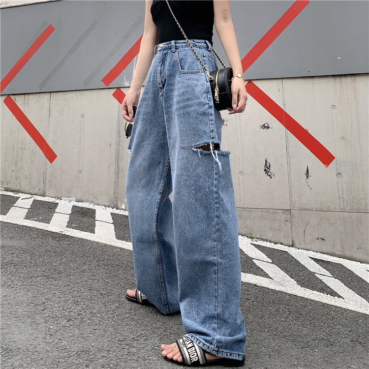 Quần jeans nữ cạp cao ống rộng rách đùi ulzzang, thời trang phong cách trẻ