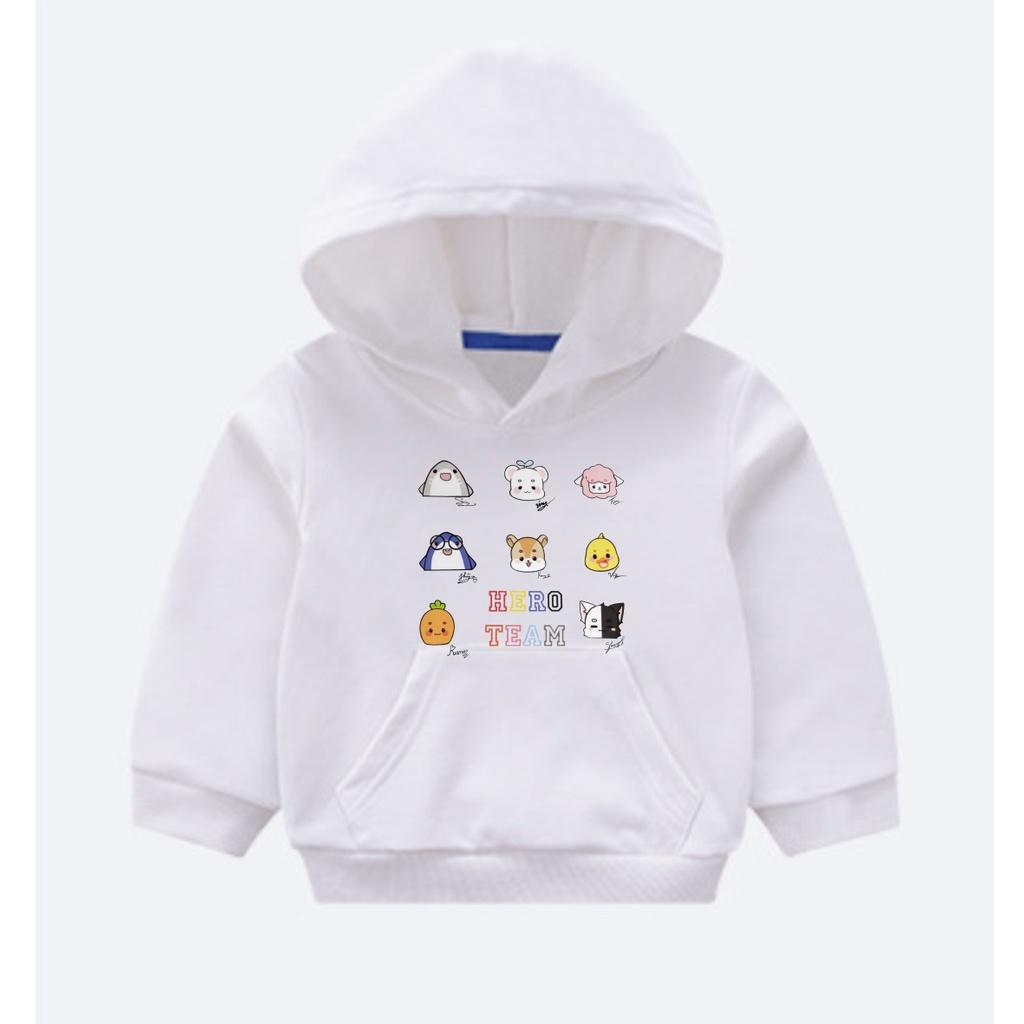 Áo khoác hoodie in hình hero team màu trắng cực chất bé trai bé gái đều mê
