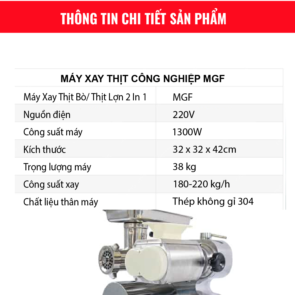 Máy Xay Thịt Công Nghiệp MGF. Xay, Cắt Đa Năng Cùng Lúc Với Nhiều Loại Đầu Cắt Thay Thế. Sử Dụng Đa Chế Độ. Tiết Kiệm Điện, Dùng 24/7, Tốc Độ Xay Cắt Nhanh. Hàng Nhập Khẩu SGE Thái Lan