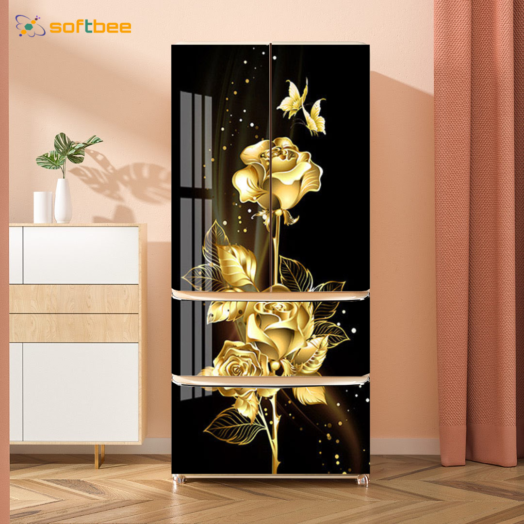 Decal dán tủ lạnh, gồm 4 kích thước chọn lựa, in hình hoa hồng phông đen, chống nước, keo bám dính tốt