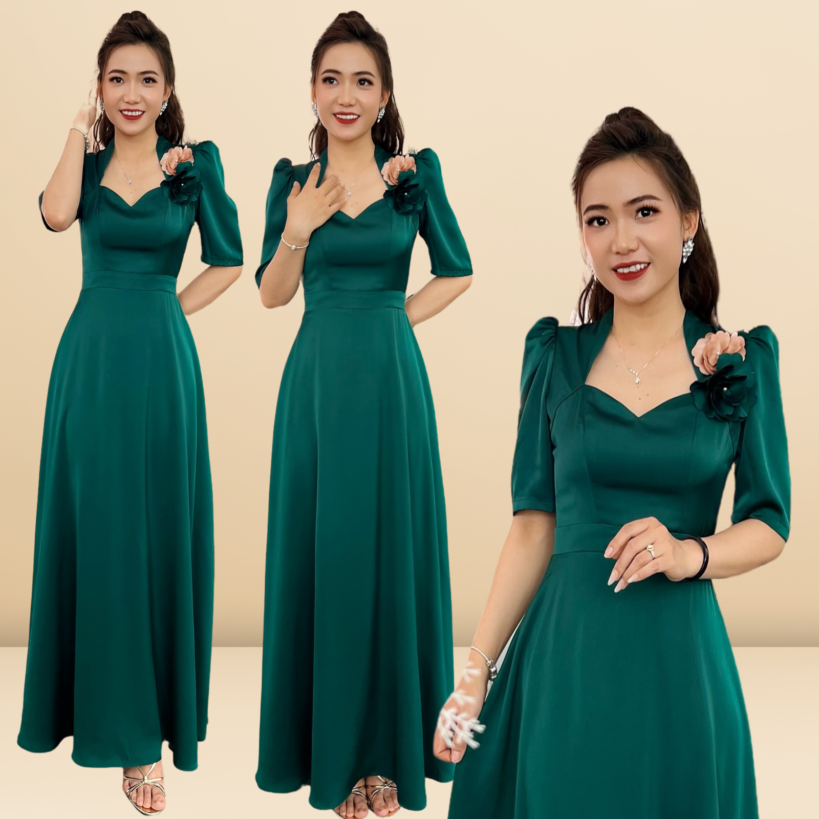 Đầm dạ hội nữ lụa trơn đi tiệc kết hoa cao cấp Amabel Dress Quỳnh Anh Luxury