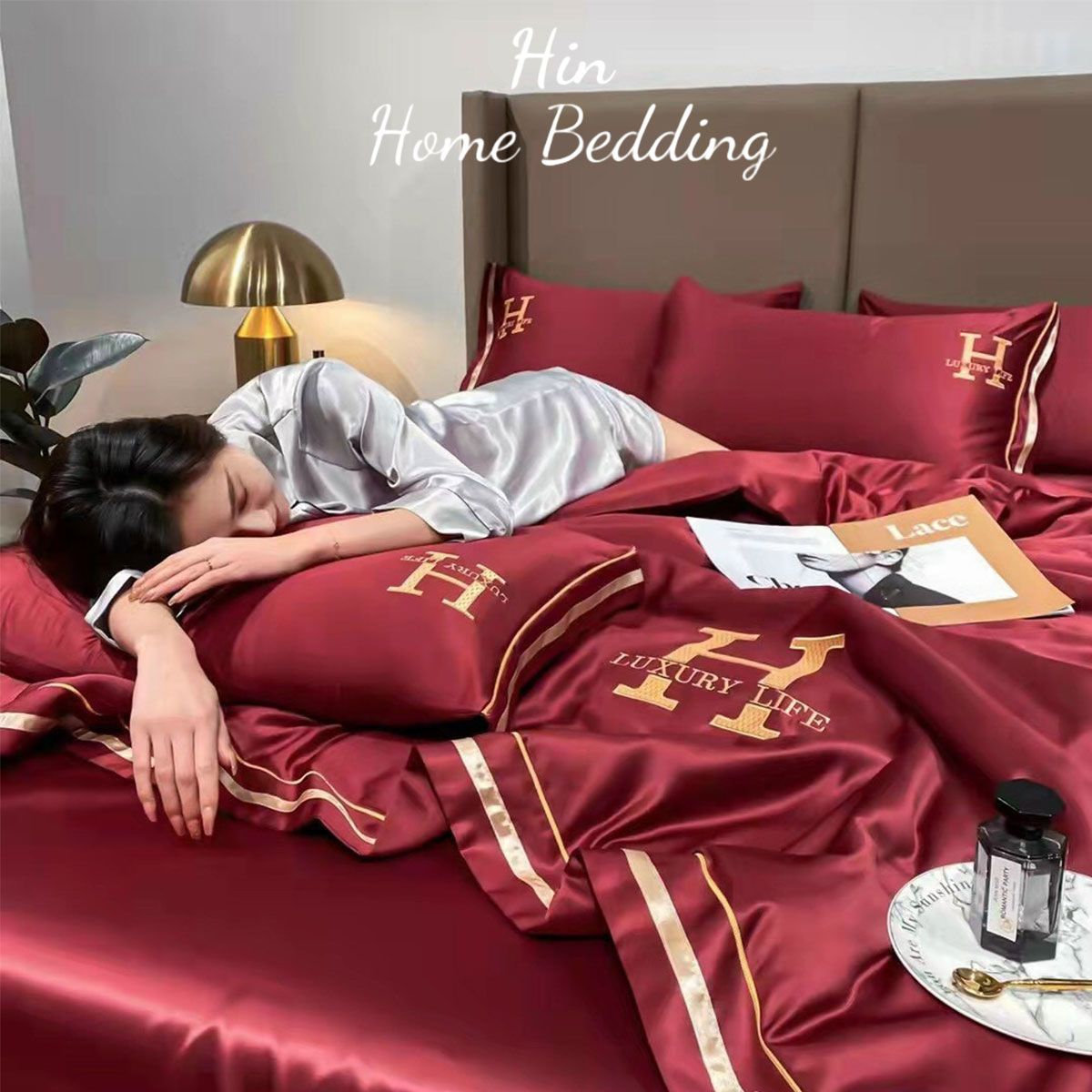 Bộ Chăn Ga Gối Đệm 5 Món Chăn Phao Lụa Thái Hin Home Bedding Drap Giường Lụa Mẫu Đỏ