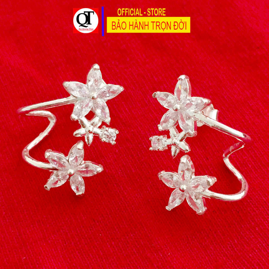 Khuyên tai hoa Mai cánh gắn đá hạt thóc thời trang chất liệu bạc ta chốt đeo sát tai trang sức Bạc Quang Thản - QTBT141