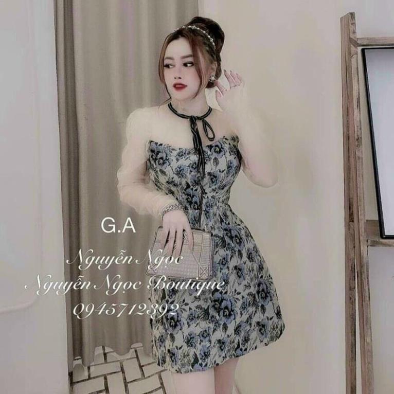 TBL-Đầm Phối Lưới Nơ Cổ Có Mút Ngực (Kèm Hình Thật Trải Sàn Shop Tự Chụp) TASA