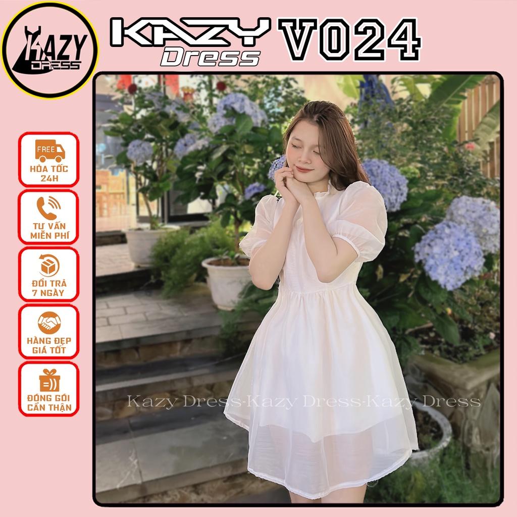 Đầm váy nữ cổ xếp ly tay phồng, Váy Babydoll tiểu thư KAZY STORE V024