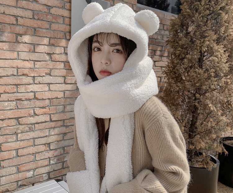 Mũ khăn quàng cổ mũ lông gấu có găng tay thời trang siêu dễ thương giữ ấm dành cho nữ