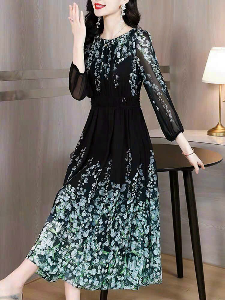 ĐẦM XÒE VOAN HOA XANH TAY DÀI