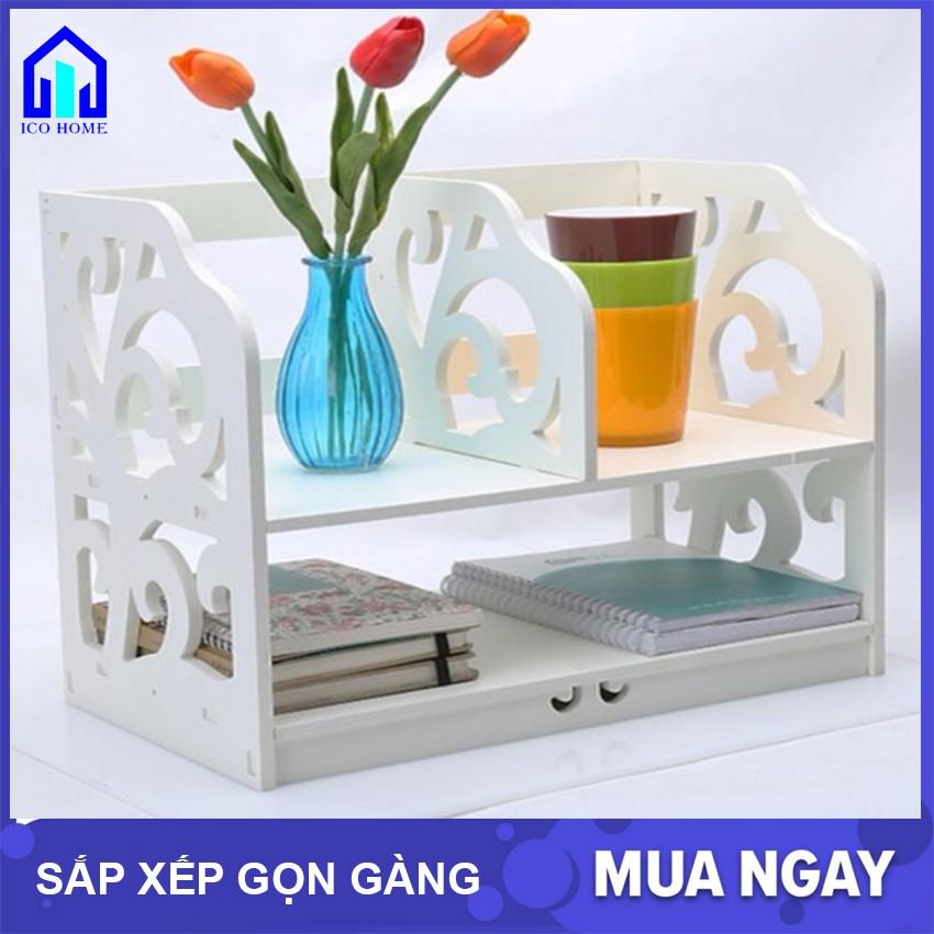 Kệ sách để bàn bằng gỗ hoa văn đẹp dễ dàng lắp ghép có nhiều ngăn, để bàn học bàn làm việc văn phòng - ICO HOME