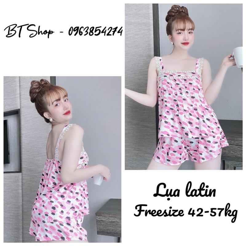 Đồ bộ ngủ mặc nhà lụa latin hoạ tiết phối ren quần đùi freesize 42-57kg