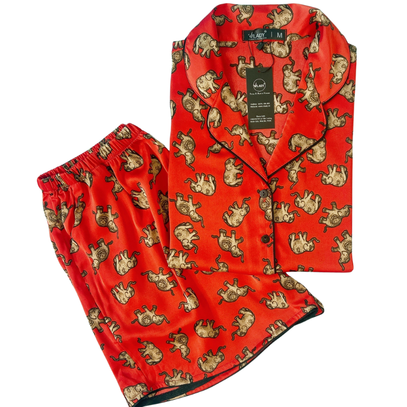 Đồ bộ pijama lụa, đồ mặc nhà nữ VILADY - B138 kiểu quần đùi tay cộc họa tiết con Voi siêu dễ thương, chất liệu lụa Pháp - Màu đỏ