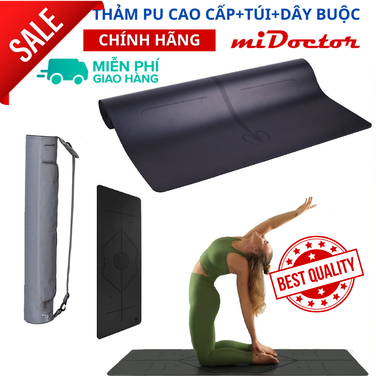 Thảm Tập Yoga Định Tuyến Da Pu Cao Cấp Chính Hãng Midoctor Túi Đựng Thảm Tập Yoga Dây Buộc Thảm Yoga Định Tuyến - Đen
