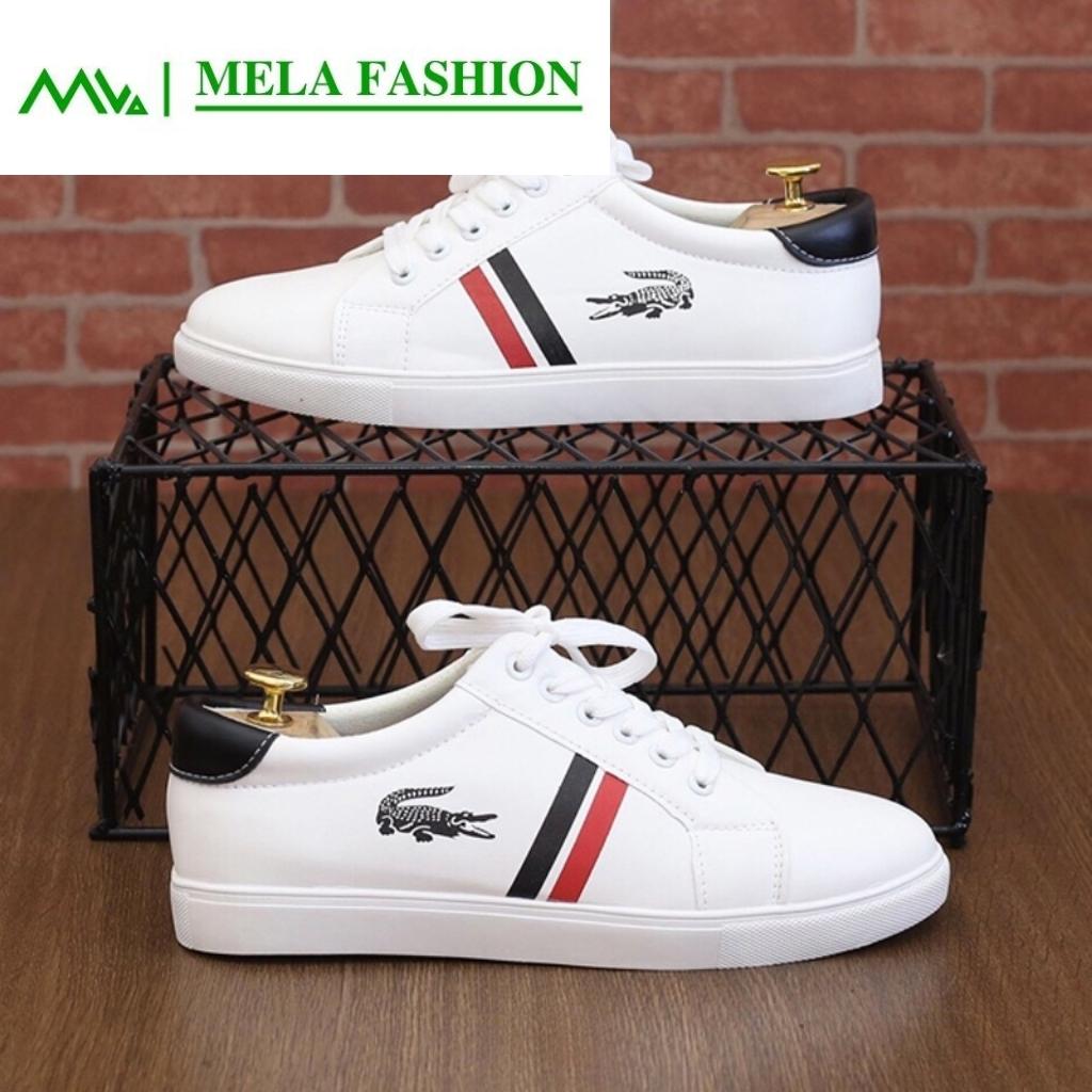 Giày nam thể thao sneaker cao cấp màu trắng trẻ trung năng động phong cách Hàn Quốc in hình cá sấu kẻ 2 sọc đen đỏ đi chơi đi học đi làm Mela Fashion